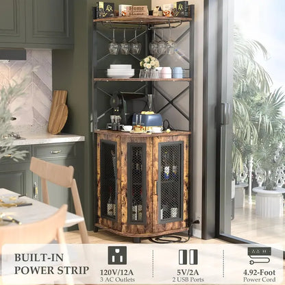 Aheaplus Industrial-Style Corner Bar Cabinet with LED Lighting, Power Outlet & Glass Rack  5-Tier White Oak Liquor Storage Unit for Compact Spaces