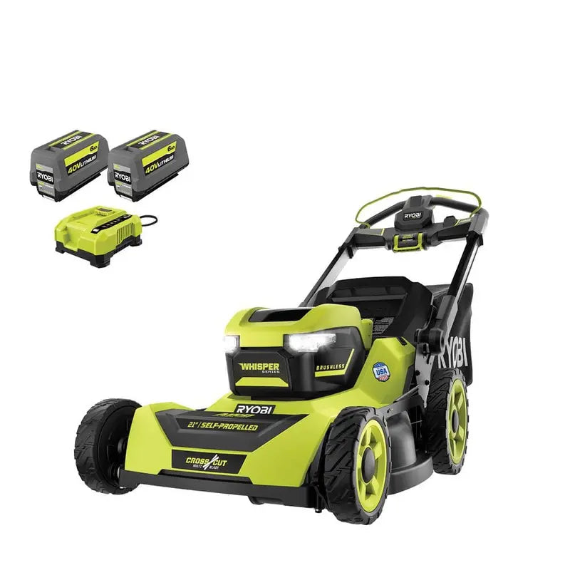 Ryobi 40V HP Brushless AWD Self-Propelled Lawn Mower  21-Inch Deck, Whisper Series, Includes 2×6.0Ah Batteries & Charger