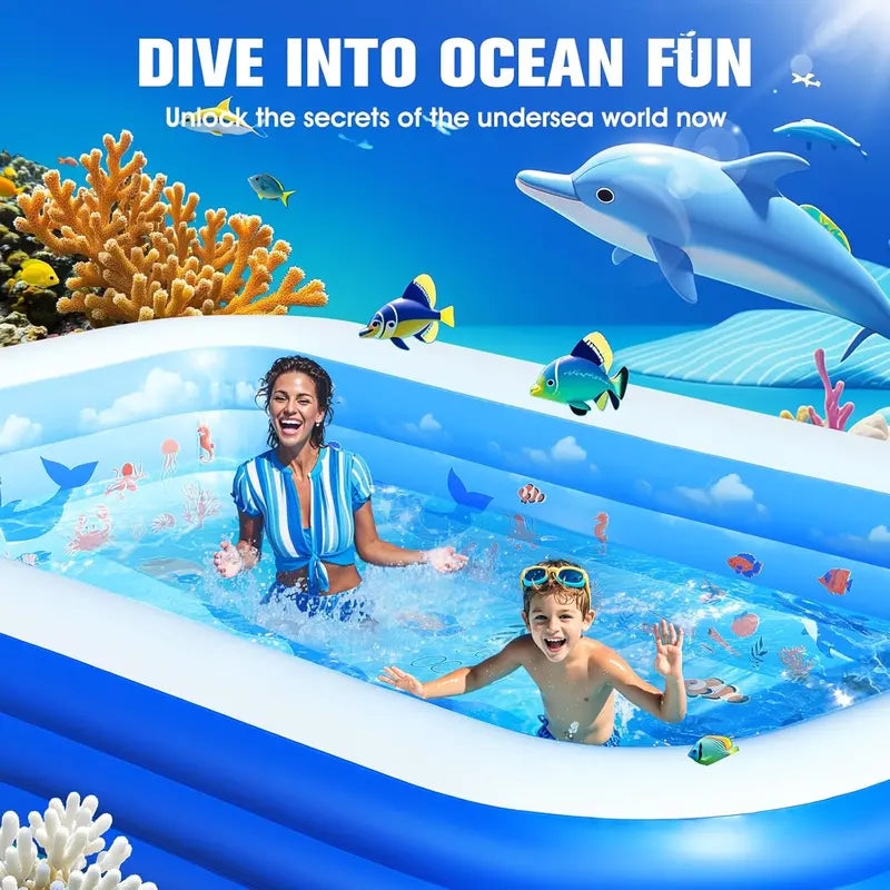 Ocean-Themed Inflatable Family Pool with Canopy  Extra-Large 105″ x 75″ x 25″, Thickened Vinyl for Kids & Adults, Backyard Swimming Pool