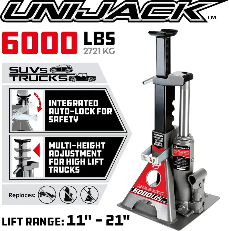 Powerbuilt 3 Ton Unijack & Stand Combo, 6000 Lb Capacity, Heavy Duty Wide Base Lift