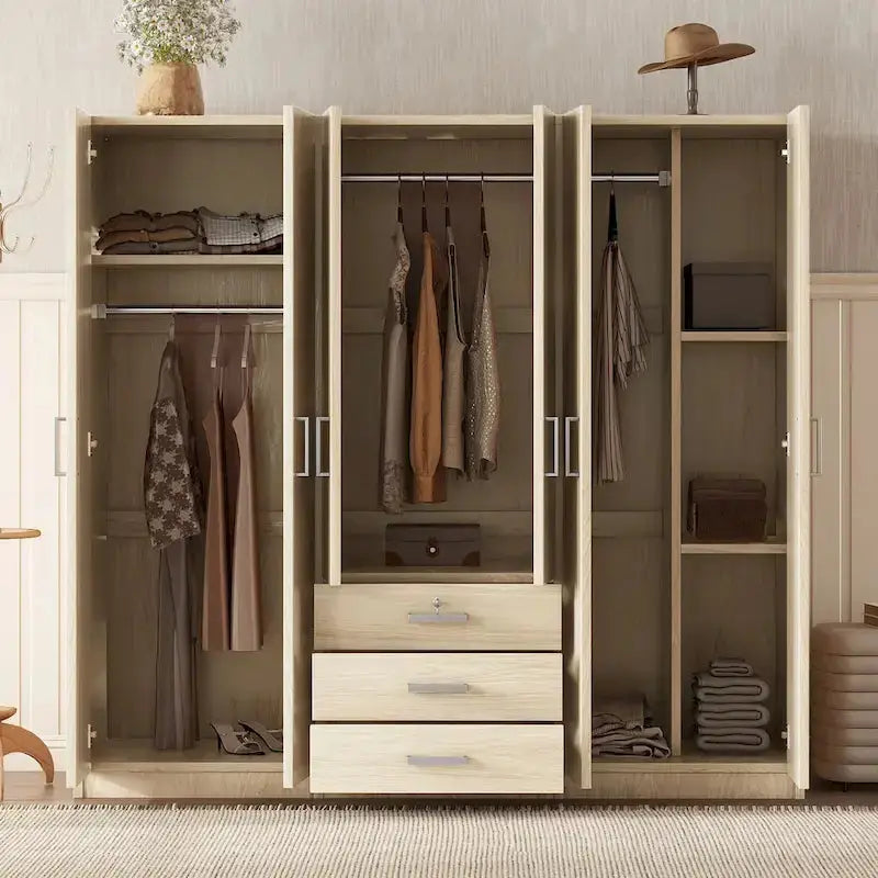 6-Door Wooden Bedroom Wardrobe  Spacious Storage Unit with 3 Large Bottom Drawers