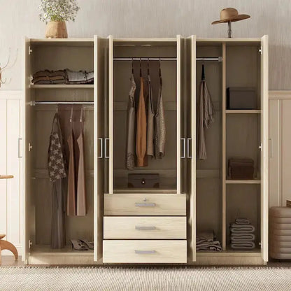 6-Door Wooden Bedroom Wardrobe  Spacious Storage Unit with 3 Large Bottom Drawers