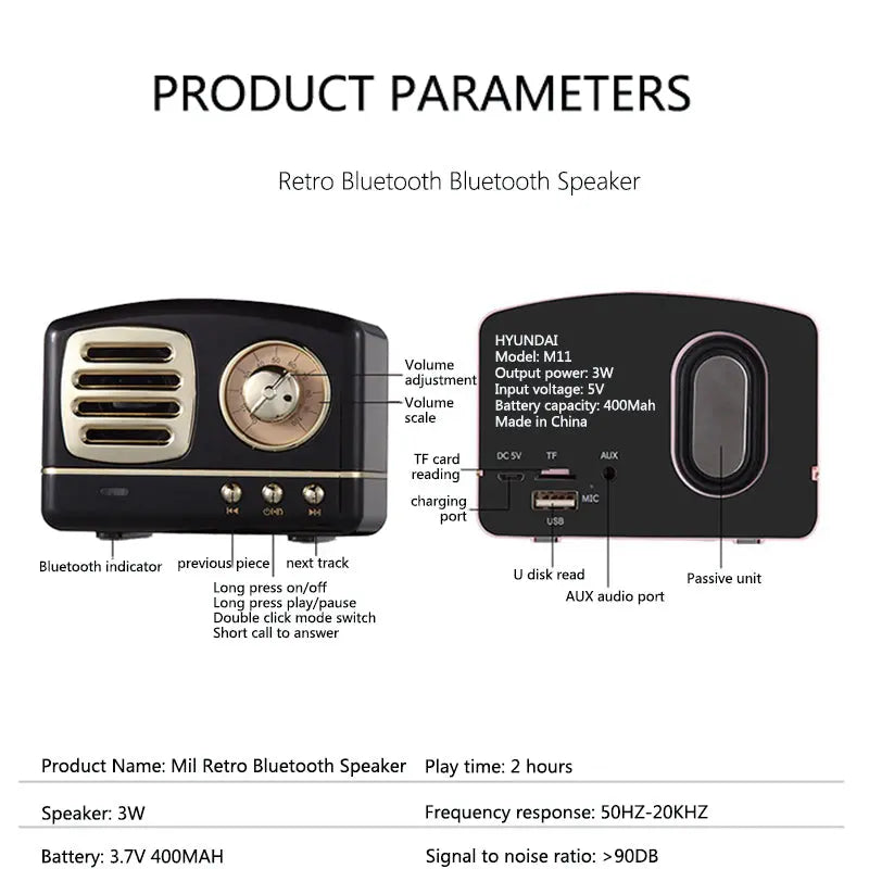 Retro Bluetooth Speaker, 3W, 2-3 Hr Playtime, Bluetooth 4.1, 10m Range, Compact Design