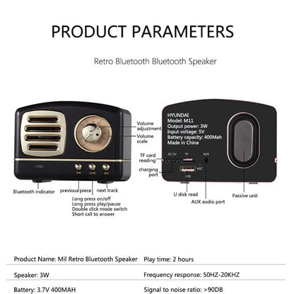 Retro Bluetooth Speaker, 3W, 2-3 Hr Playtime, Bluetooth 4.1, 10m Range, Compact Design