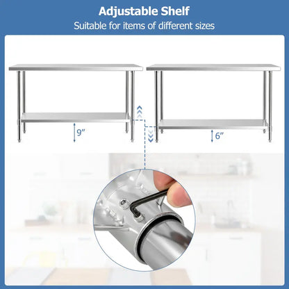 24″ x 60″ Stainless Steel Kitchen Prep Table with Adjustable Under-Shelf and Leveling Feet
