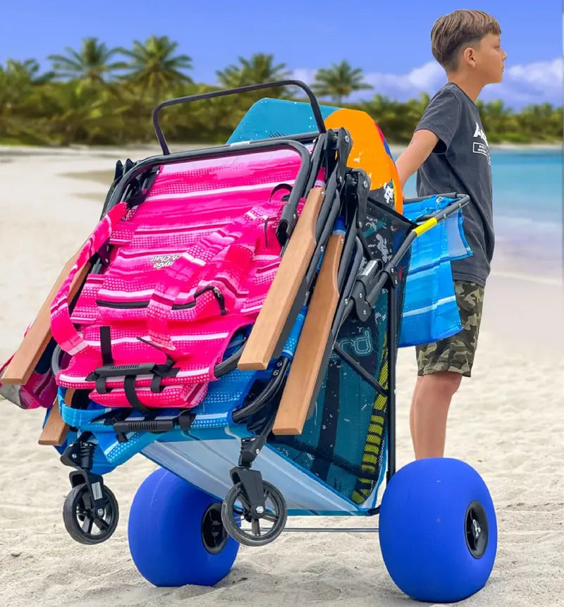BlueWave Deluxe Beach Cart with Balloon Wheels, Foldable, Holds 4 Chairs & Umbrella, Removable Bag, Blue Striped