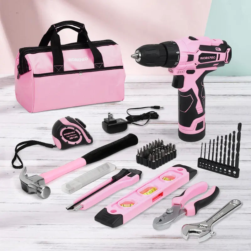WORKPRO 12V Cordless Drill Kit with 14-Inch Pink Ribbon Tool Bag