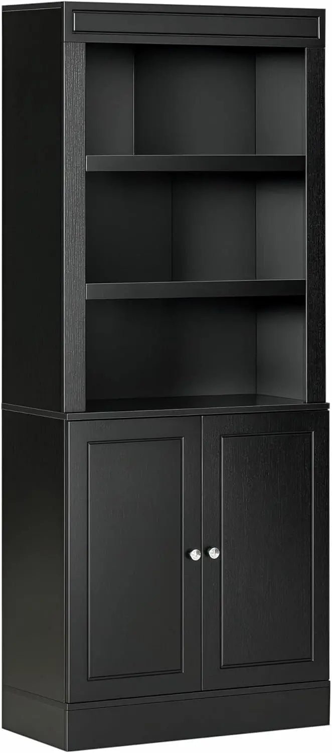 72-Inch Black Wood Grain Pantry Cabinet with Six-Tier Bookcase Hutch, Adjustable Shelves, and Door-Enclosed Storage