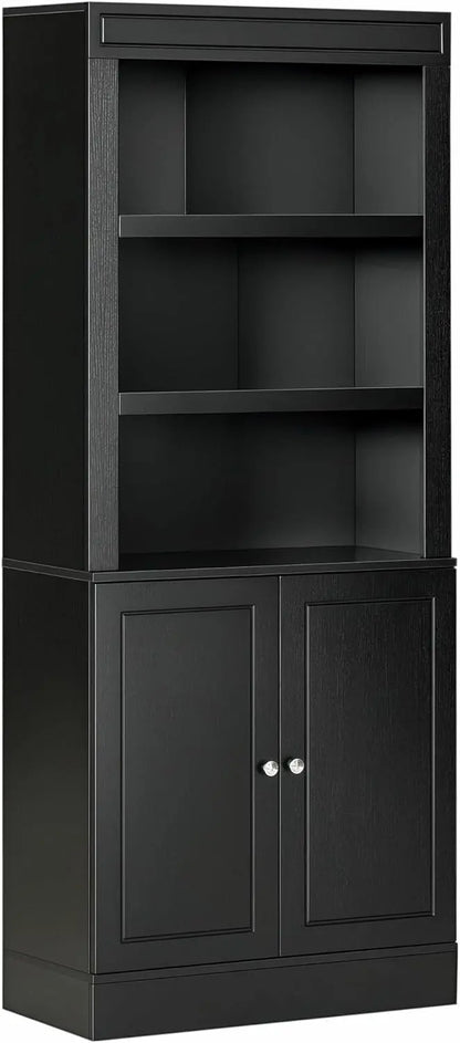 72-Inch Black Wood Grain Pantry Cabinet with Six-Tier Bookcase Hutch, Adjustable Shelves, and Door-Enclosed Storage