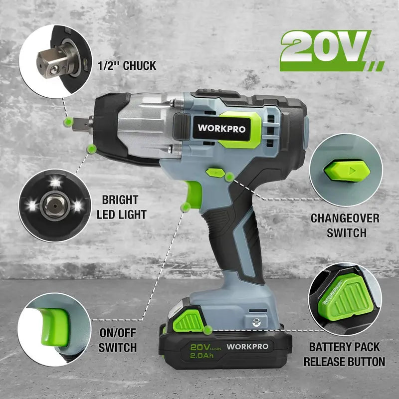 WORKPRO 20V Cordless Impact Wrench with Fast Charger & Belt Clip