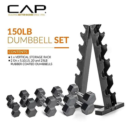 CAP Barbell 150 lb Hex Dumbbell Set with Coated Weights and Vertical Storage Rack  Black Finish