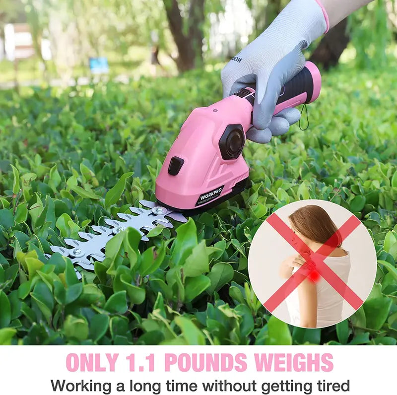 WORKPRO 7.2V Cordless 2-in-1 Hedge & Grass Trimmer  Handheld Electric Trim Tool with Pink Ribbon Design