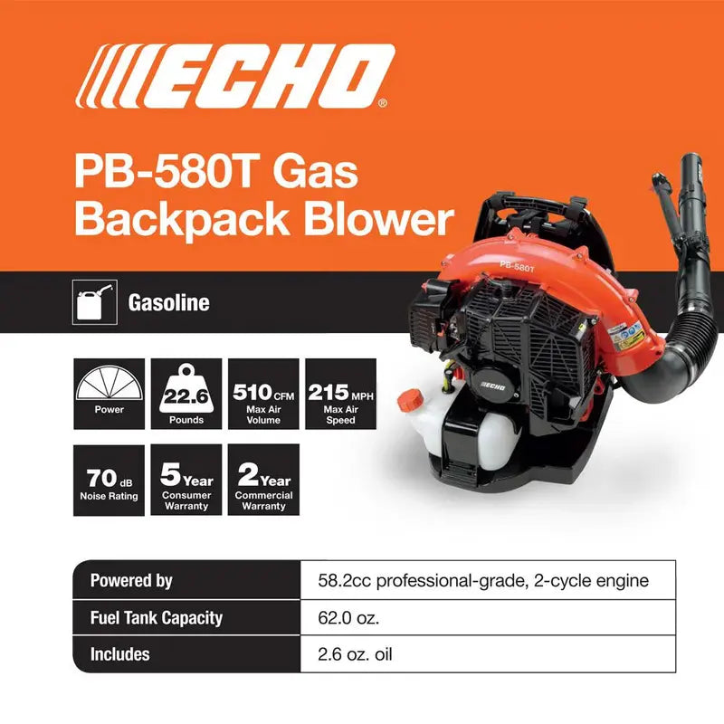 ECHO PB-580T Backpack Leaf Blower  58.2cc, 216 MPH, 517 CFM, Tube-Throttle Design