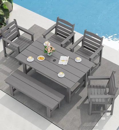 SERWALL 7-Piece Blue HDPE Outdoor Dining Set with Umbrella Hole and Stackable Chairs