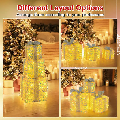 Set of 3 Laser-Finish Lighted Christmas Gift Boxes with Fish-Scale Texture