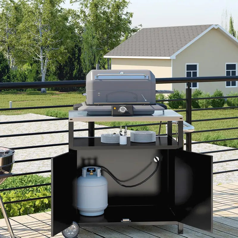 Heavy-Duty Stainless Steel Outdoor Grill Cart  3-Shelf Mobile Pizza Oven Stand with Wheels (31.5″ x 24″ x 35.5″)
