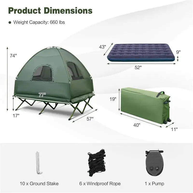 5-in-1 Portable Camping Cot Tent  2-Person Outdoor Combo Featuring Air Mattress, Sleeping Bag, Sunshade & Integrated Tent Structure