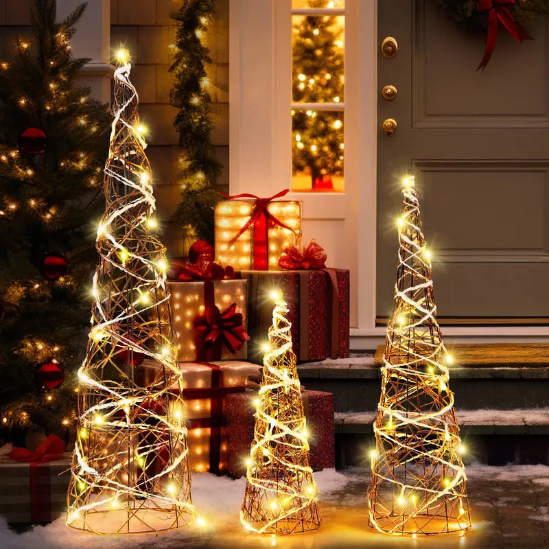 Set of Three Tapered Indoor Christmas Cone Trees ¡ª 32¡å, 24¡å, and 16¡å with Warm White LED Lights