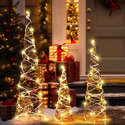 Set of Three Tapered Indoor Christmas Cone Trees ¡ª 32¡å, 24¡å, and 16¡å with Warm White LED Lights