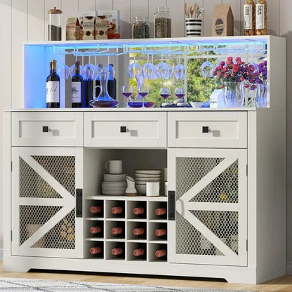 LED-Lit Wine & Liquor Bar Cabinet  Glass Shelving, Coffee Station Design, Integrated Lighting
