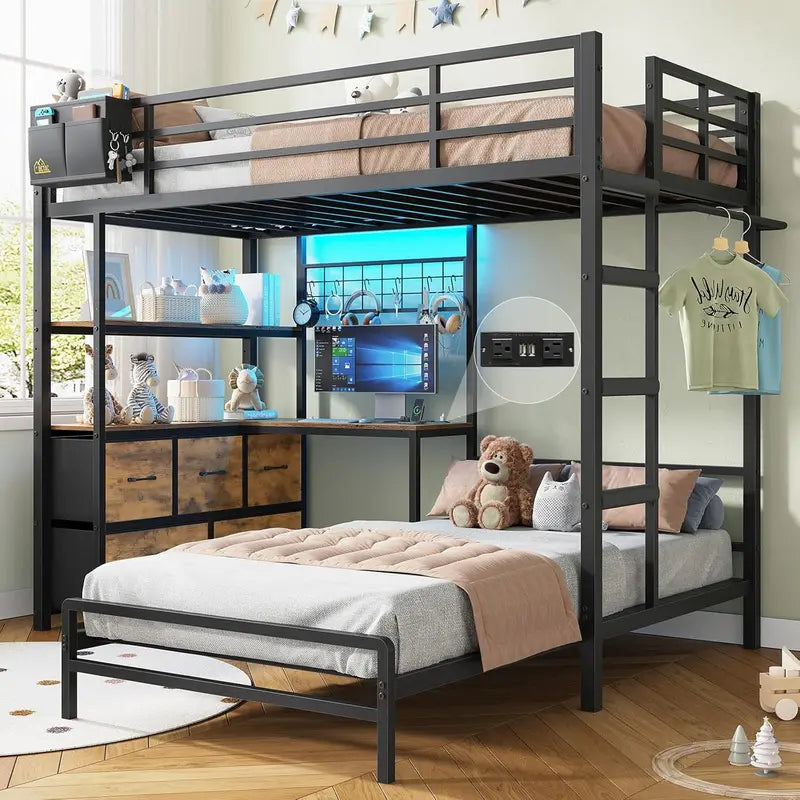 DICTAC Twin XL Bunk Bed with L-Shaped Desk, 5-Drawer Storage, and Dual Shelving