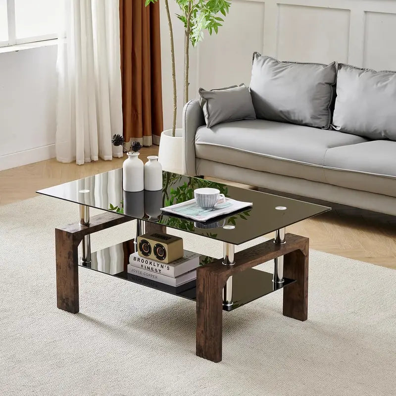Contemporary Rectangle Coffee Table  Glass-Topped Living Room Side Table with Wooden Legs, Ideal for Waiting Areas