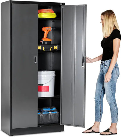 Heavy-Duty Steel Garage Locker  71-Inch Tall Multipurpose Storage Cabinet with Locking Doors & Adjustable Shelving (Black/Silver)
