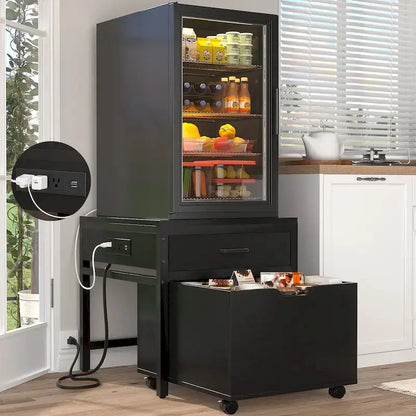 Compact Fridge Stand with Built-in Charging Station, Storage Drawers, and Mobile Cabinet Design