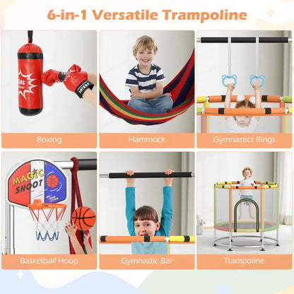 55-Inch Kids’ Mini Trampoline  Heavy-Duty Bouncer with Hammock & Enclosed Safety Net