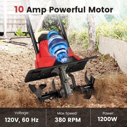 10-Amp Corded Electric Tiller  Foldable Garden Cultivator for Efficient Soil Prep