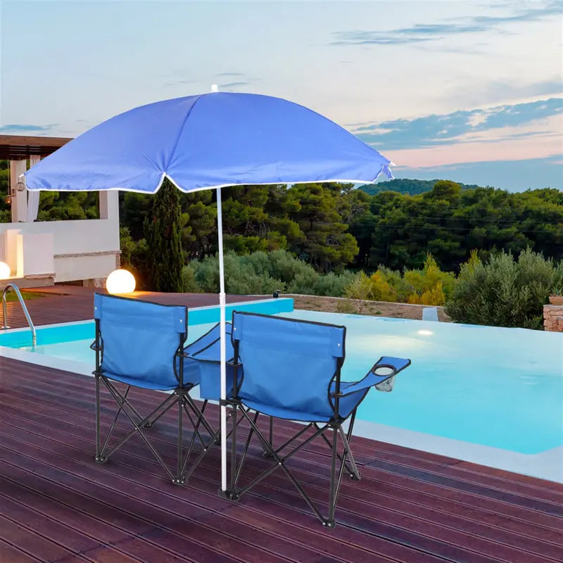 Arttoreal Double Beach Chair with Removable Umbrella Canopy,Portable Folding Beach Chair for Oudoor,Camping and Picnic,Blue