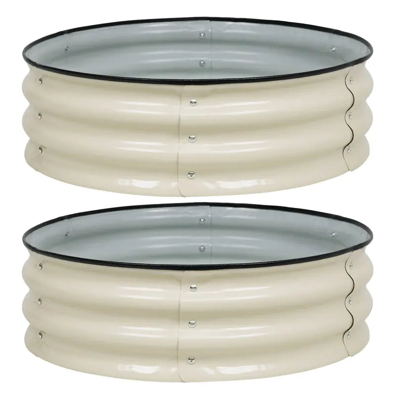 Aoodor 9” Tall Aluzinc Metal Raised Garden Bed 30” Round, Outdoor Garden Planter Box Beige Set of 2