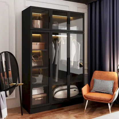 LED-Lit Glass Armoire  47.2″ Wide Wardrobe with Full-Glass Doors