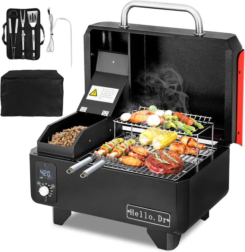 Portable 8-in-1 Electric Pellet Grill — Compact Tabletop BBQ with Steam Tech, Ideal for RVs, Camping & Tailgating