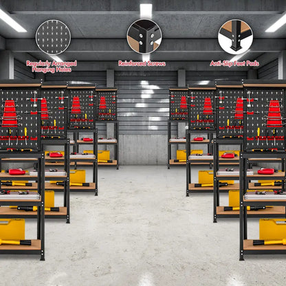 Heavy-Duty Steel Workbench with Pegboard  Tool Table Featuring 2 Open Shelves & 13 Accessories