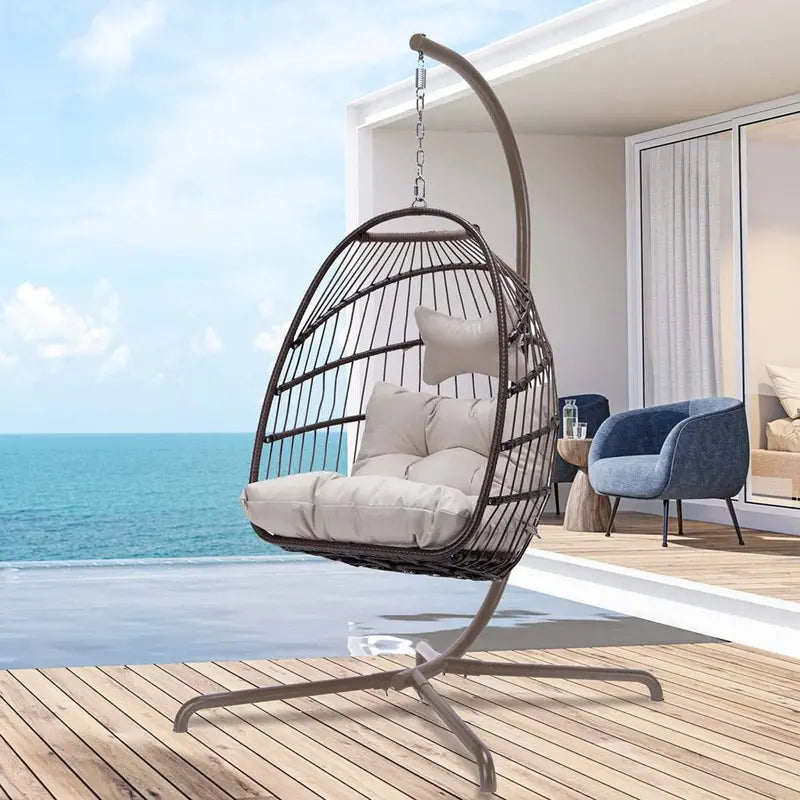 Nicesoul Brown Wicker Hanging Egg Chair with Stand, Foldable, 350lbs Capacity, Indoor/Outdoor Swing Chair with Cushion and Pillow