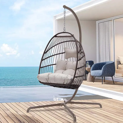 Nicesoul Brown Wicker Hanging Egg Chair with Stand, Foldable, 350lbs Capacity, Indoor/Outdoor Swing Chair with Cushion and Pillow