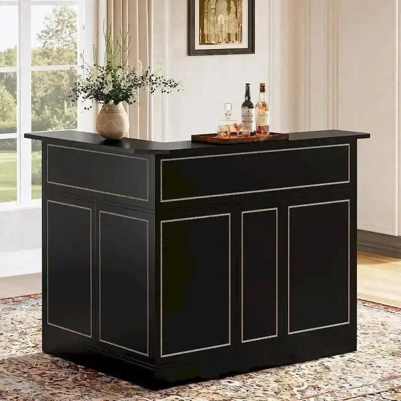 L-Shaped Bar Cabinet with Stemware Racks  Stylish Home Pub Storage Solution