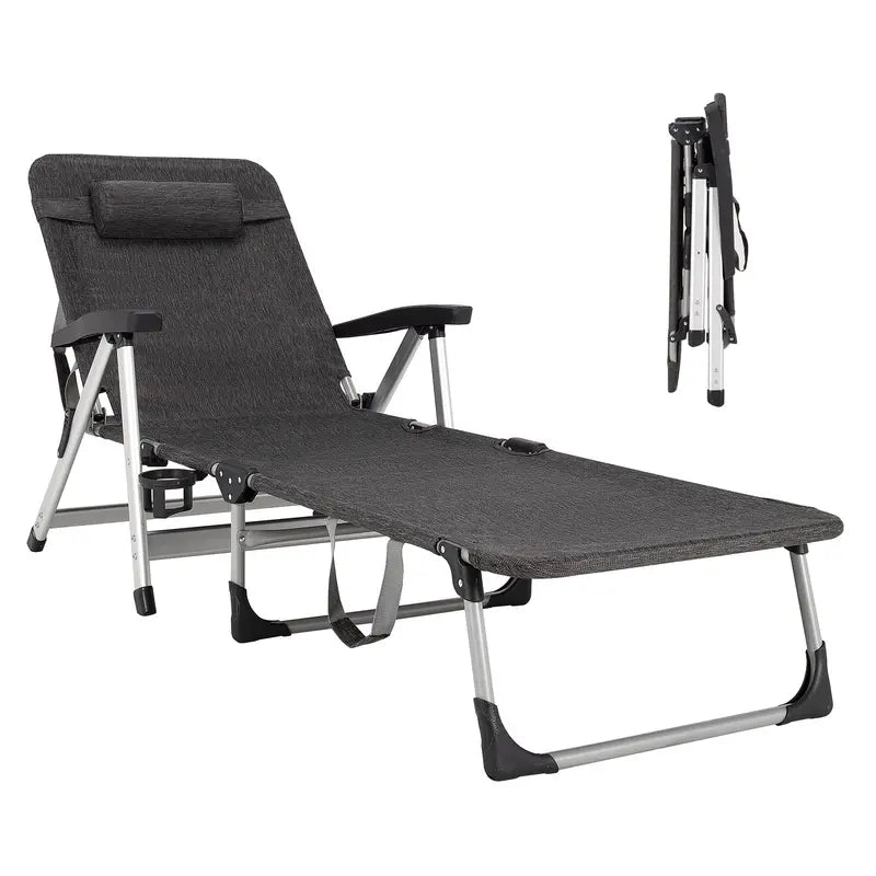 Adjustable Folding Chaise Lounge Chair for Outdoor Use  Includes Cup Holder and Removable Headrest