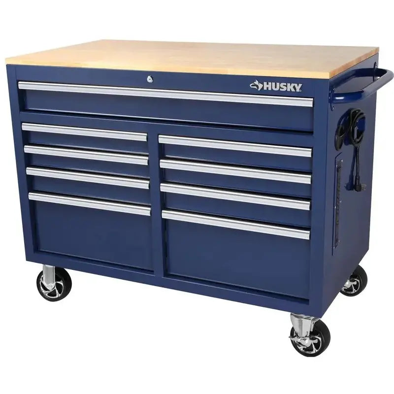 High-Gloss Black Mobile Workbench with 9 Drawers, Hardwood Work Surface, and Built-in Power Outlet