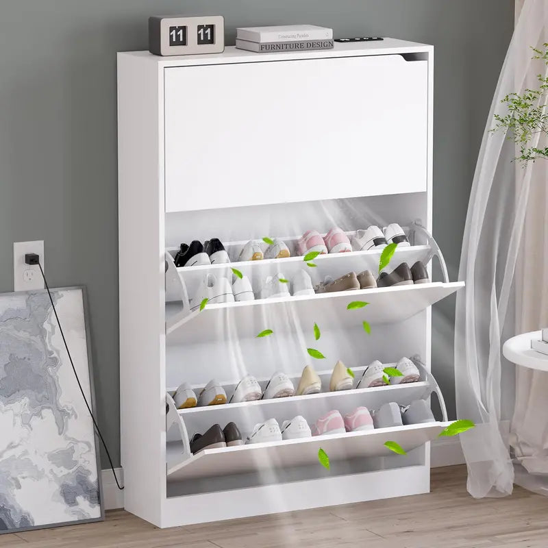 Discreet Freestanding Wood Shoe Cabinet with Three Concealed Flip Drawers