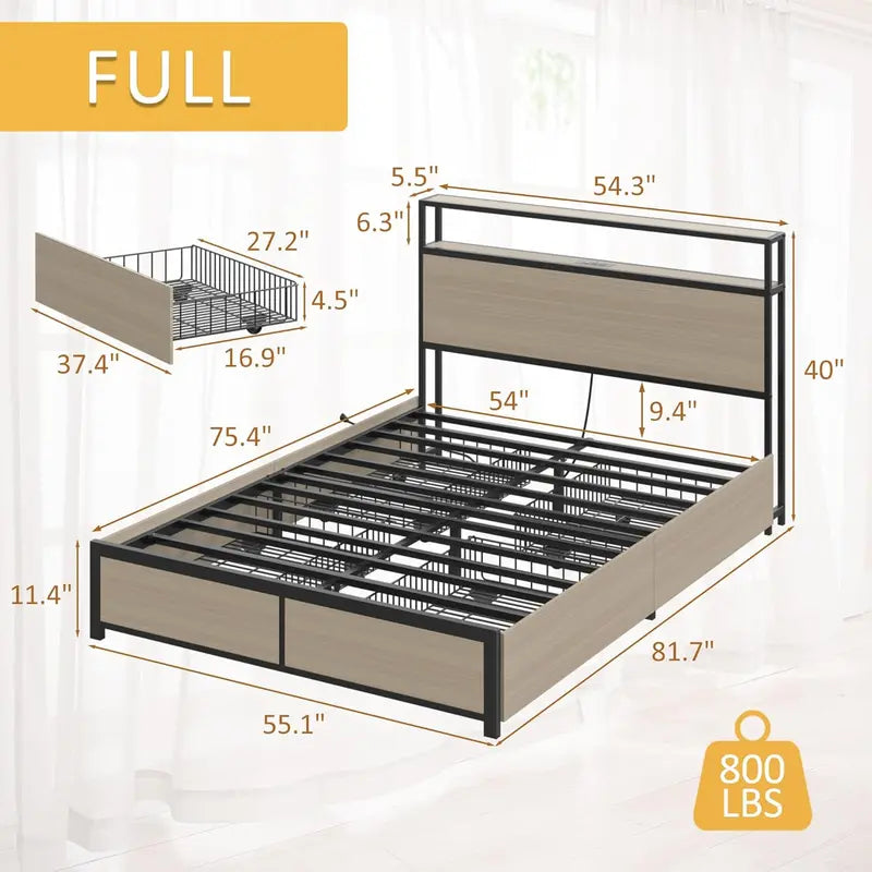 Lifezone Queen Platform Bed  2-Tier Storage Headboard with Charging Station, LED Lights & Quiet Metal Support