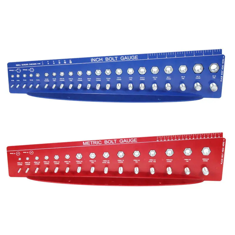 Monster Fastener SAE & Metric Bolt Gauge Tool, Durable Plastic, High Contrast, Red/Blue, 24″ Wide