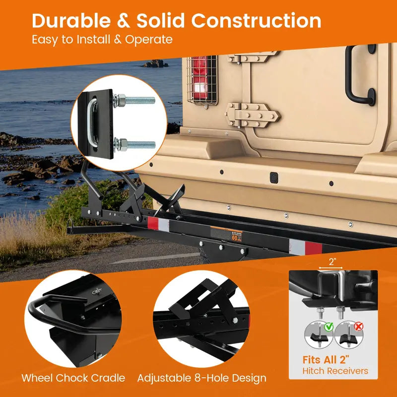 Heavy-Duty Motorcycle Carrier with Hitch Mount, Ramp, and 600 LB Capacity