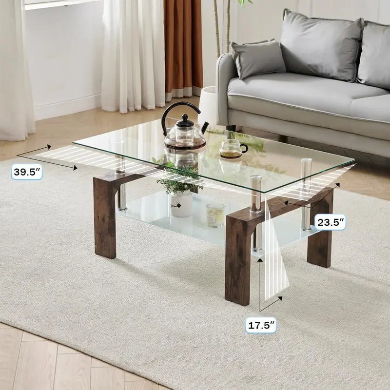 Contemporary Rectangle Coffee Table  Glass-Topped Living Room Side Table with Wooden Legs, Ideal for Waiting Areas