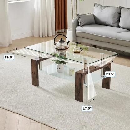 Contemporary Rectangle Coffee Table  Glass-Topped Living Room Side Table with Wooden Legs, Ideal for Waiting Areas