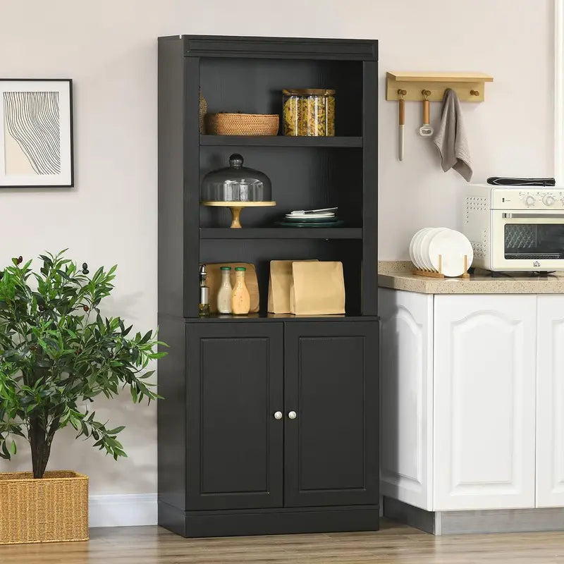 72-Inch Black Wood Grain Pantry Cabinet with Six-Tier Bookcase Hutch, Adjustable Shelves, and Door-Enclosed Storage