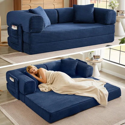 White Boneless Folding Sofa  81″ Corduroy Futon Couch Bed with Fixed-Shape Design for Small Spaces