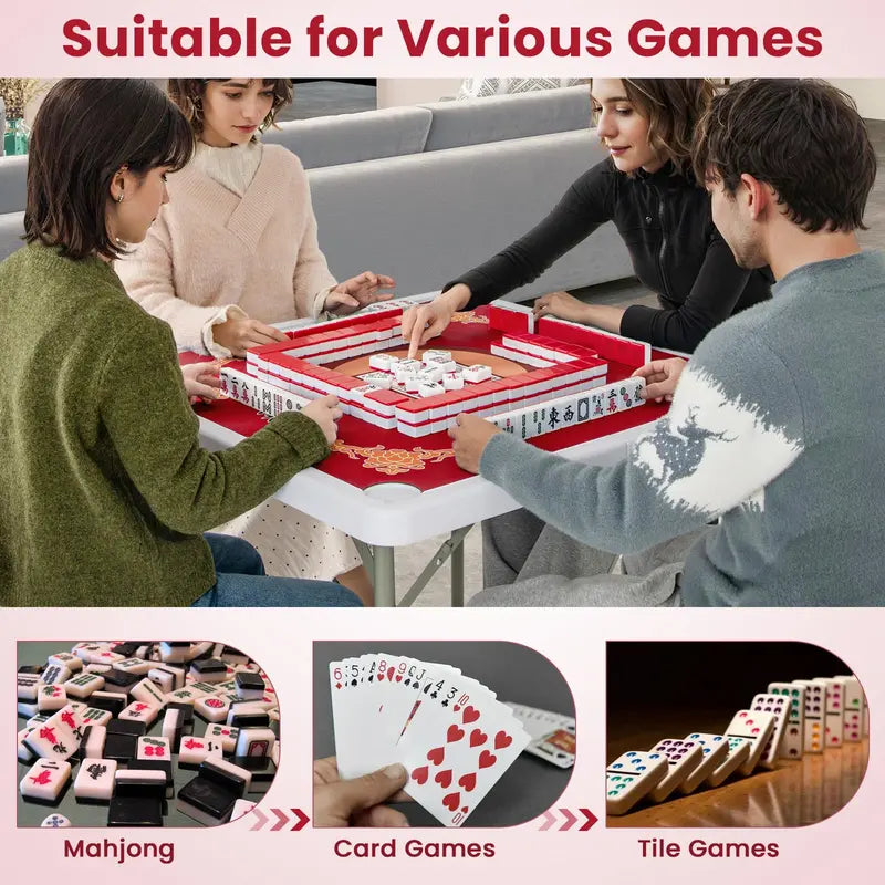 Mahjong-Friendly Folding Card Table — 35-Inch Square HDPE Surface with Cup Holders & Mat