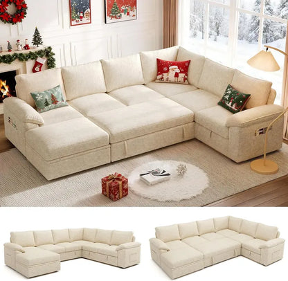 108-Inch U-Shaped Modular Sectional Sofa with Pull-Out Sleeper Bed and Customizable Layout